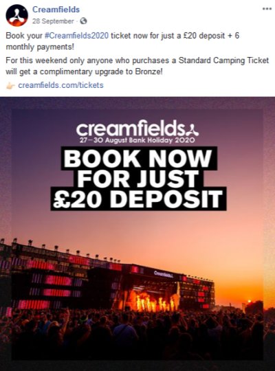 Creamfields Booking Facebook Post